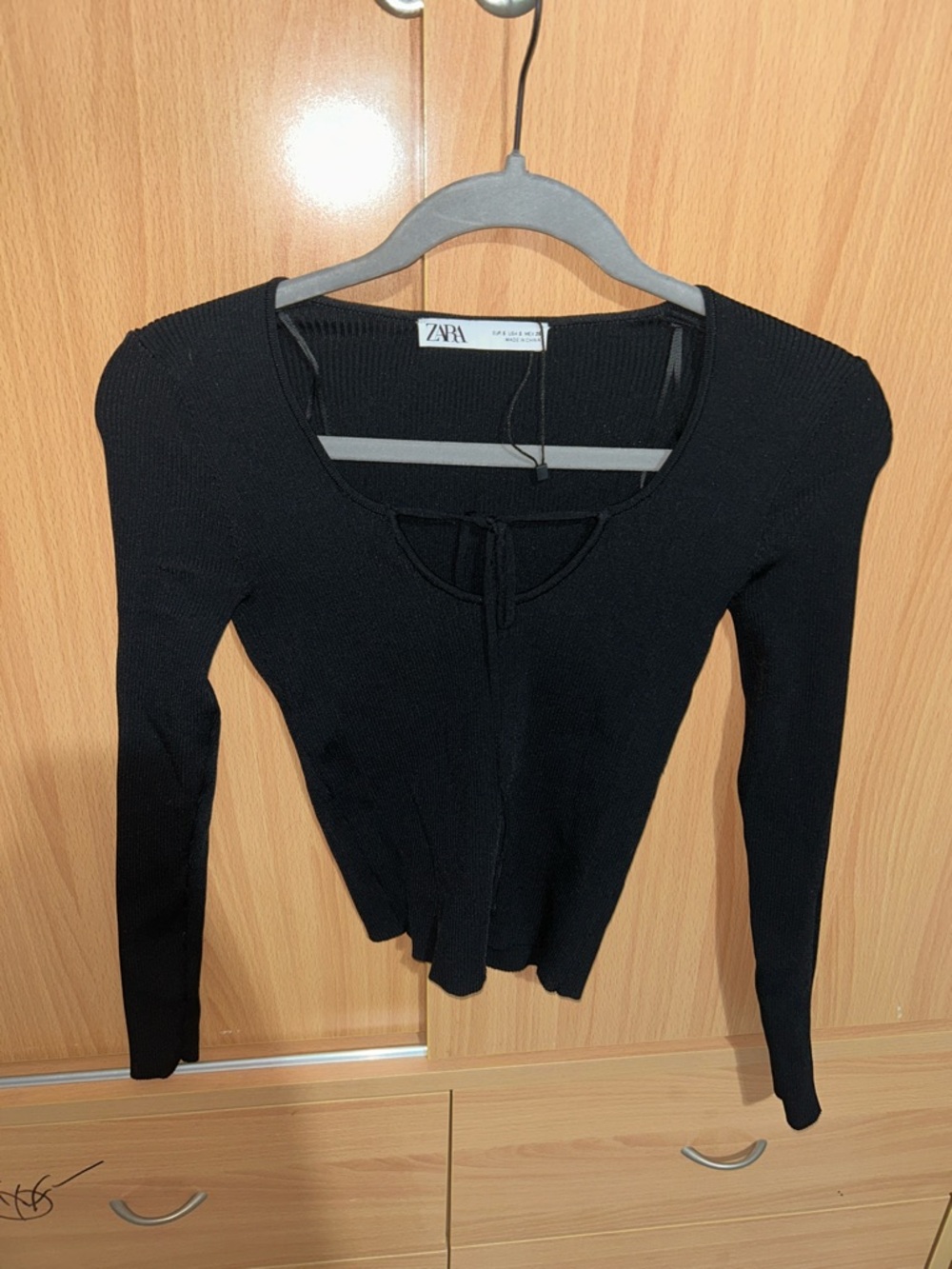 ZARA Black Ribbed Long-Sleeve Top with Front Tie